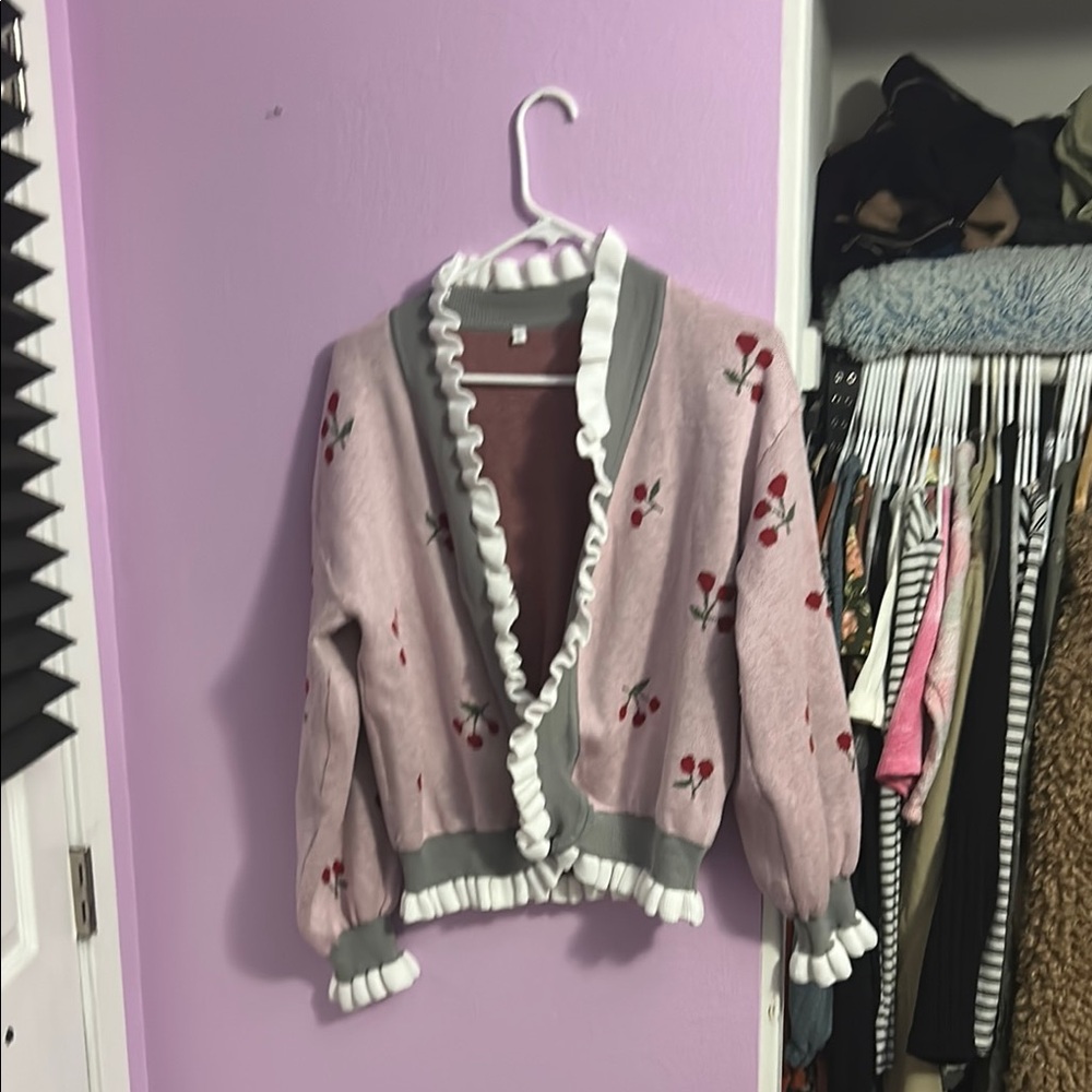 Pink and Gray Ruffled Women's Sweater